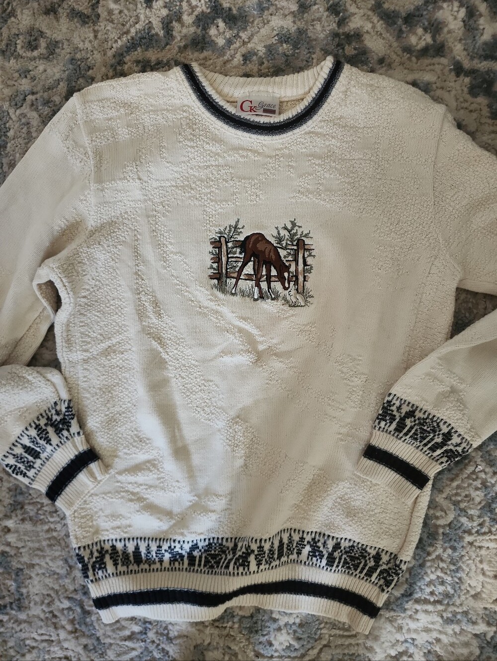 Vintage CK Grace Canada 100% Cotton Horse Rabbit Embroidered Knit Cottagecore - Picture 3 of 7